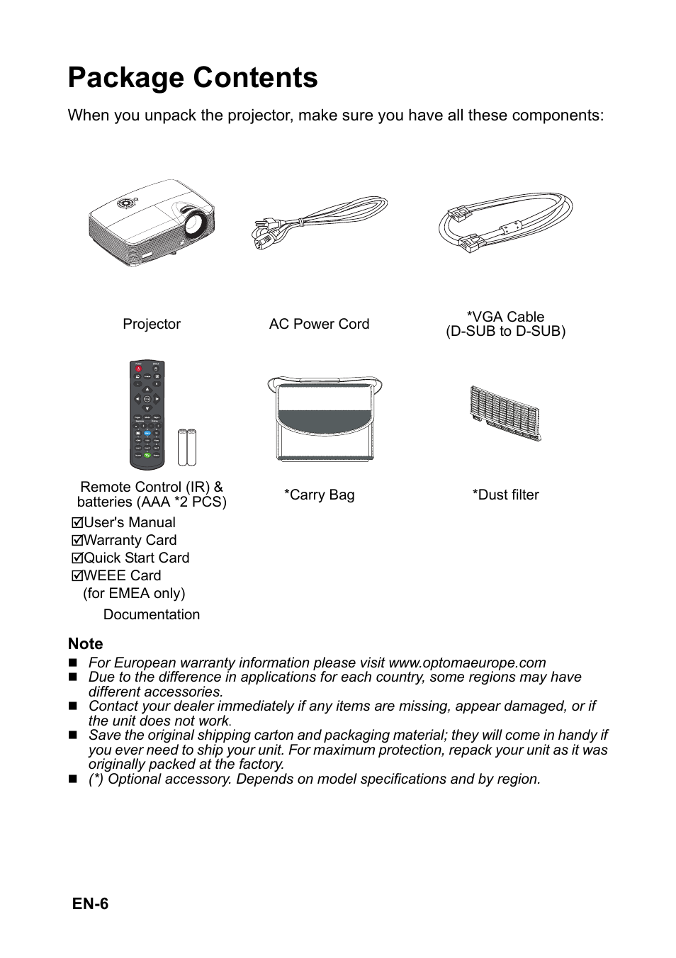 Package contents | Optoma S313 User Manual | Page 6 / 67