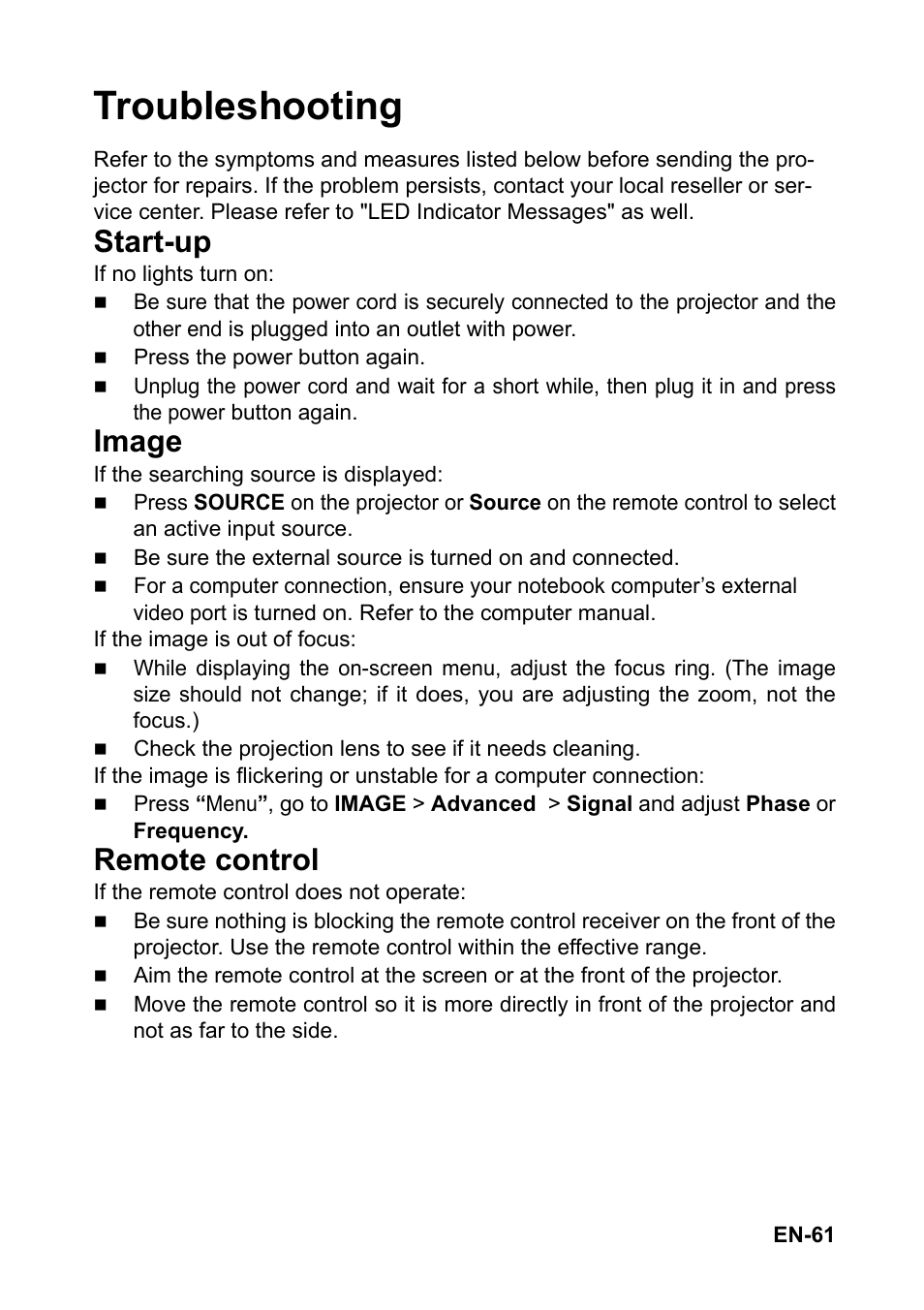 Troubleshooting, Start-up, Image | Remote control | Optoma S313 User Manual | Page 61 / 67