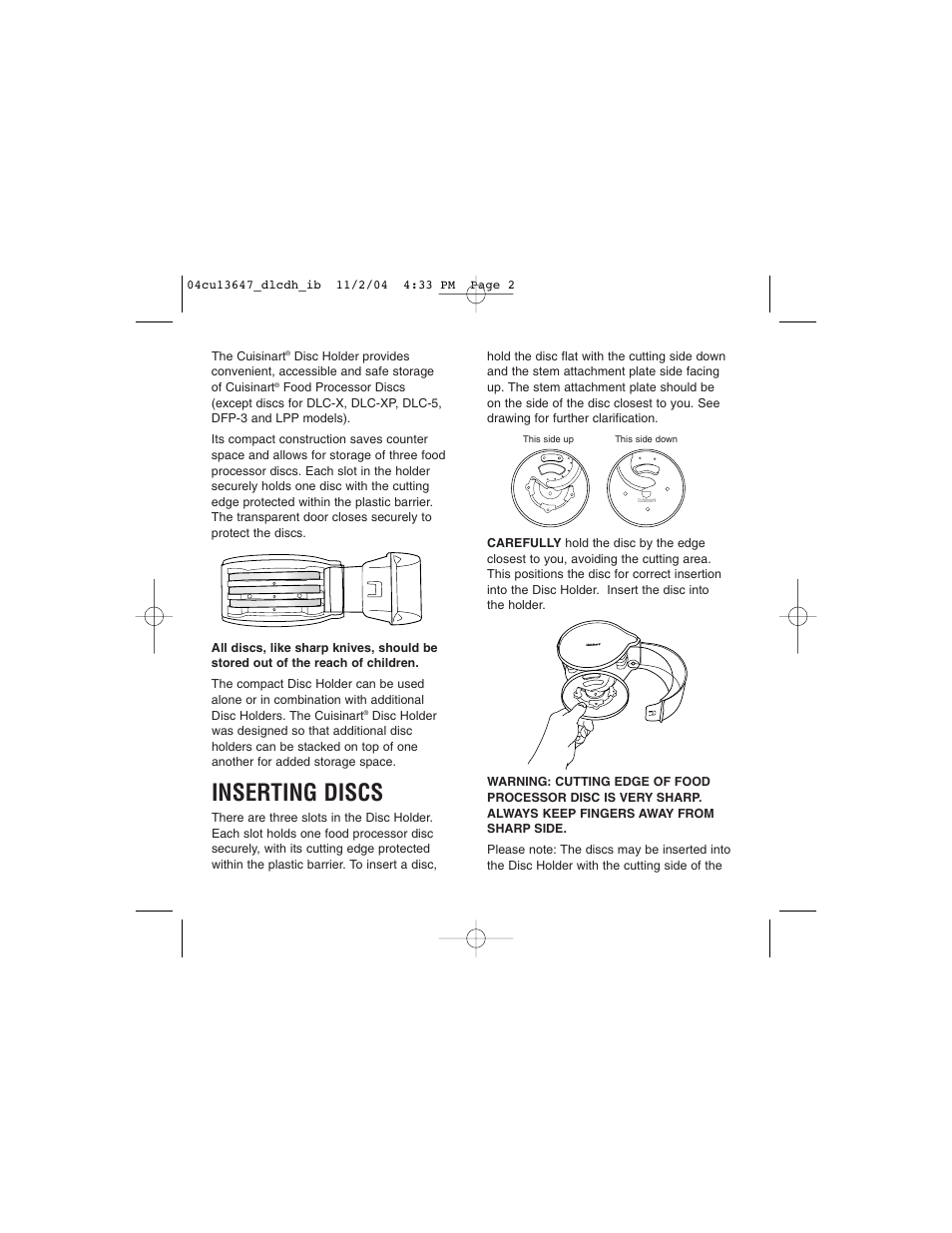 Inserting discs | Cuisinart DLC-DH User Manual | Page 2 / 4