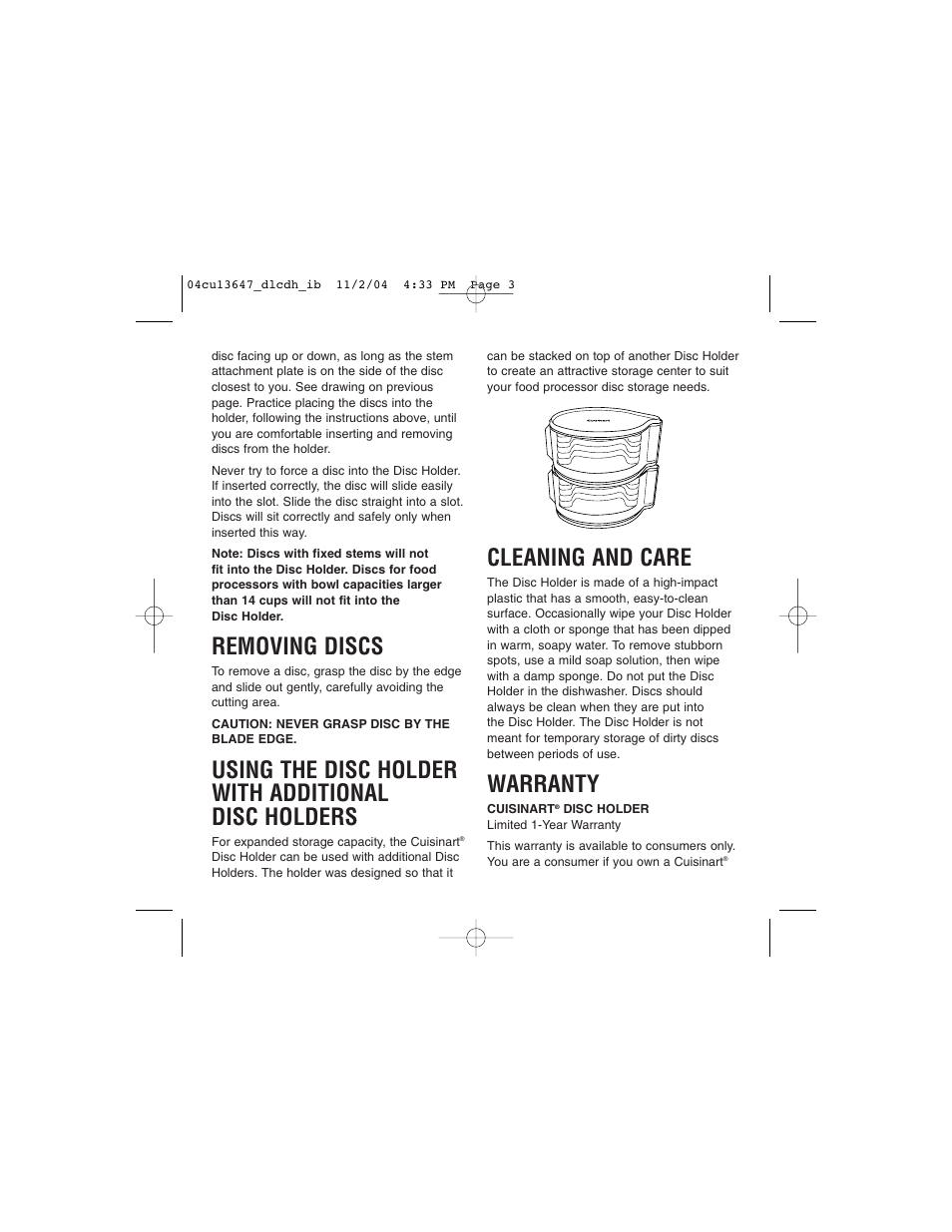 Removing discs, Using the disc holder with additional disc holders, Cleaning and care | Warranty | Cuisinart DLC-DH User Manual | Page 3 / 4