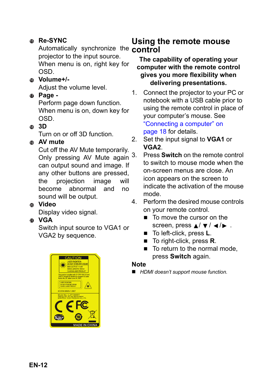 Using the remote mouse control | Optoma FX5200 User Manual | Page 12 / 59