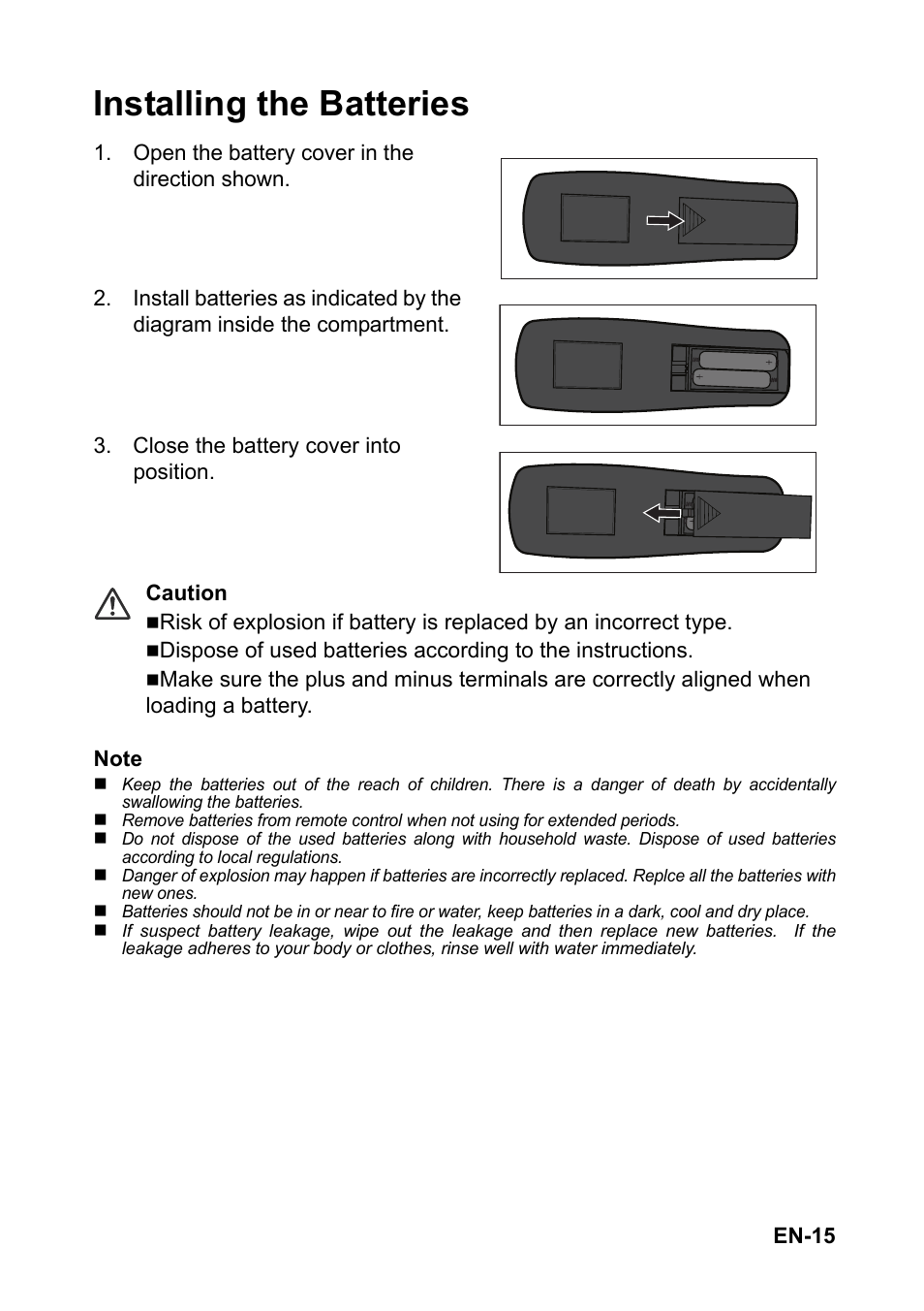 Installing the batteries | Optoma FX5200 User Manual | Page 15 / 59