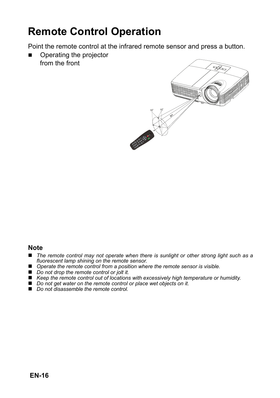 Remote control operation, En-16 | Optoma FX5200 User Manual | Page 16 / 59