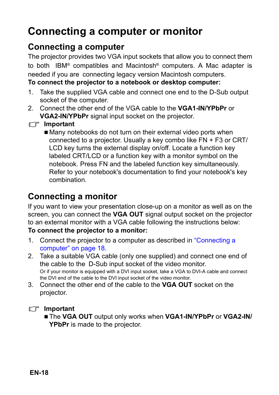 Connecting a computer or monitor, Connecting a computer, Connecting a monitor | Optoma FX5200 User Manual | Page 18 / 59