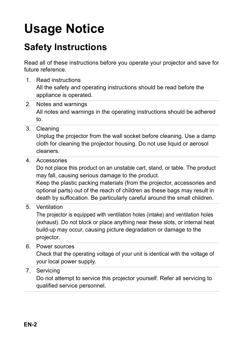 Usage notice, Safety instructions | Optoma FX5200 User Manual | Page 2 / 59