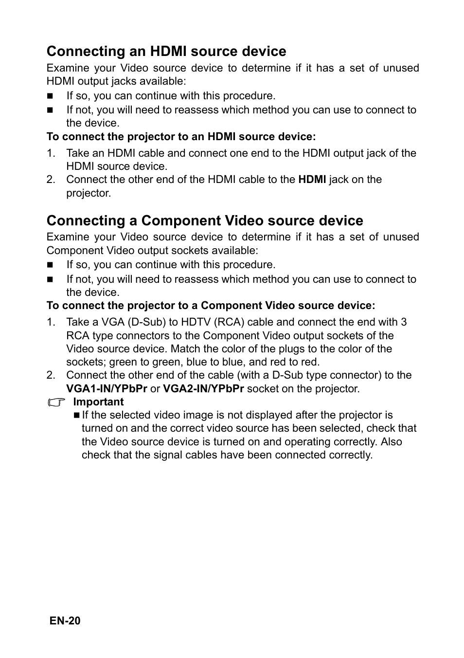 Connecting an hdmi source device, Connecting a component video source device | Optoma FX5200 User Manual | Page 20 / 59