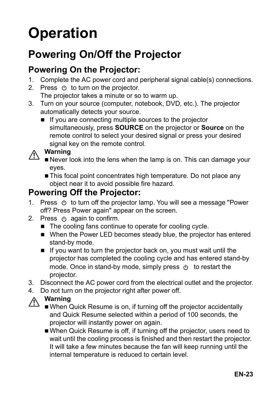 Operation, Powering on/off the projector, Powering on the projector | Powering off the projector | Optoma FX5200 User Manual | Page 23 / 59