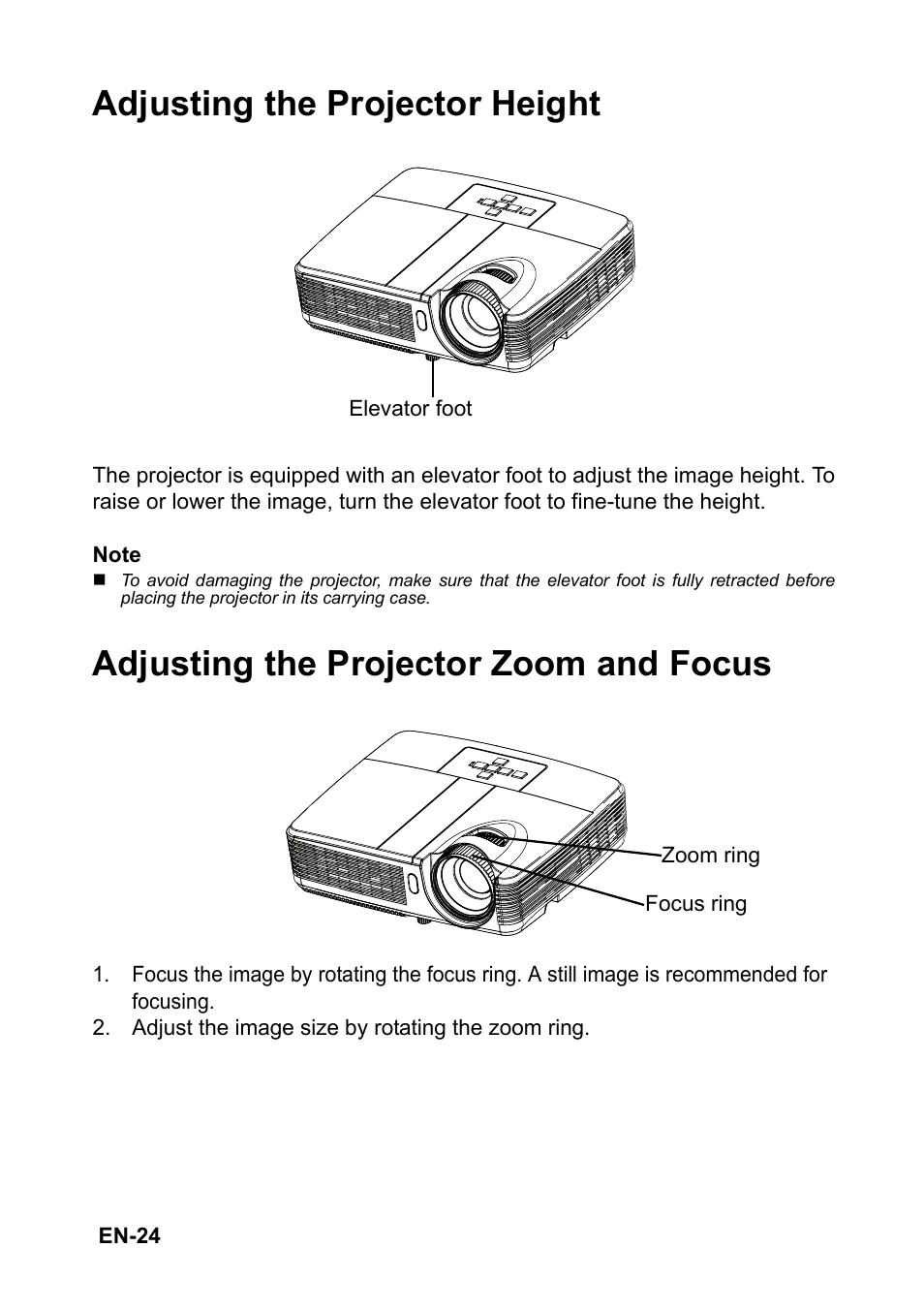 Adjusting the projector height, Adjusting the projector zoom and focus | Optoma FX5200 User Manual | Page 24 / 59