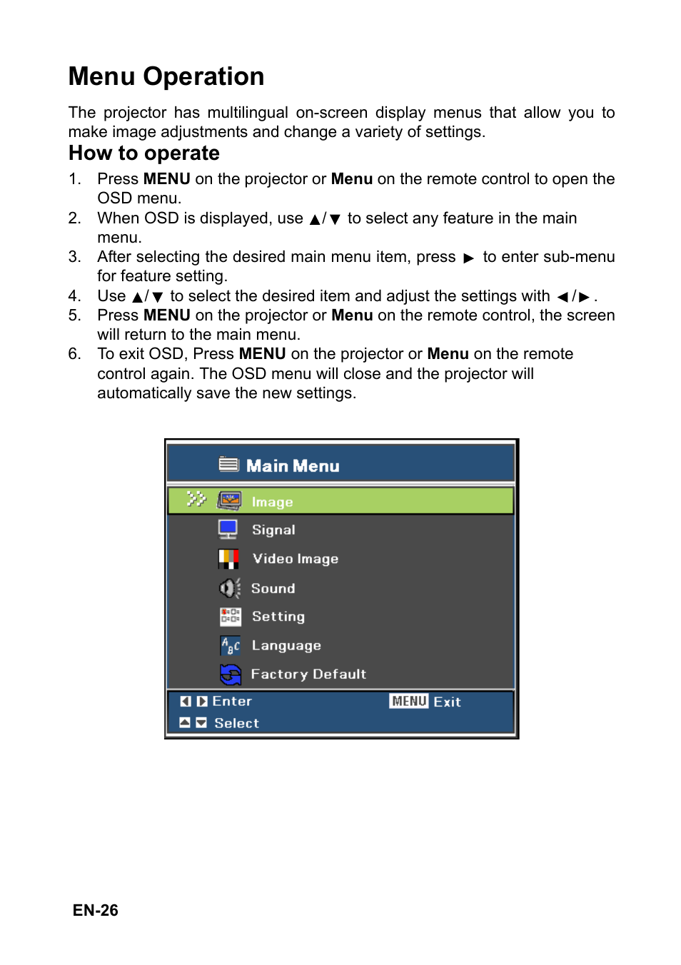 Menu operation, How to operate | Optoma FX5200 User Manual | Page 26 / 59