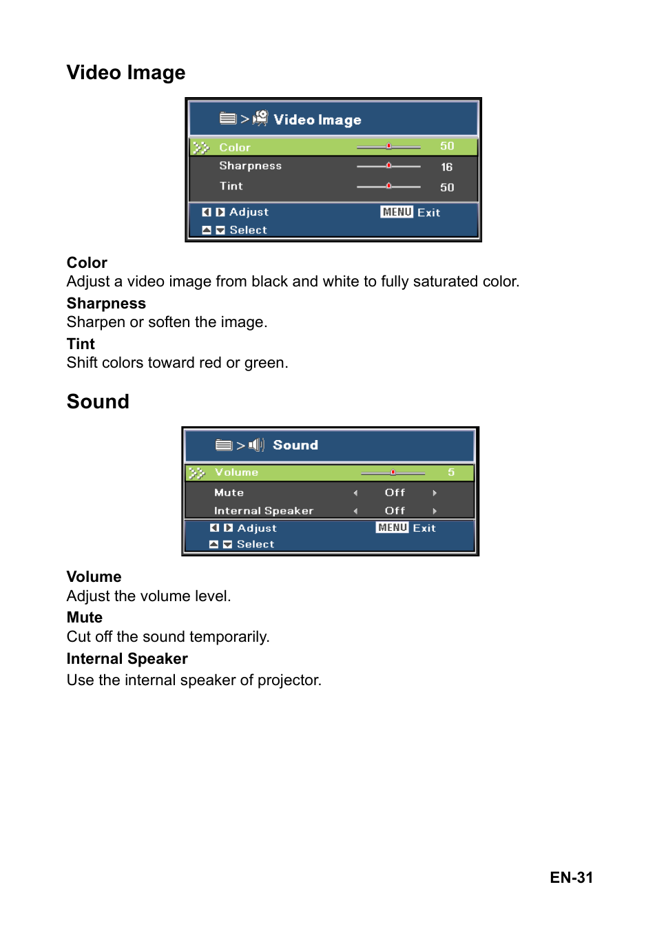 Video image, Sound | Optoma FX5200 User Manual | Page 31 / 59