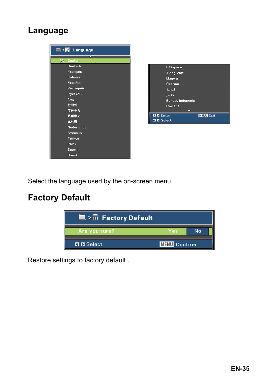 Language, Factory default | Optoma FX5200 User Manual | Page 35 / 59