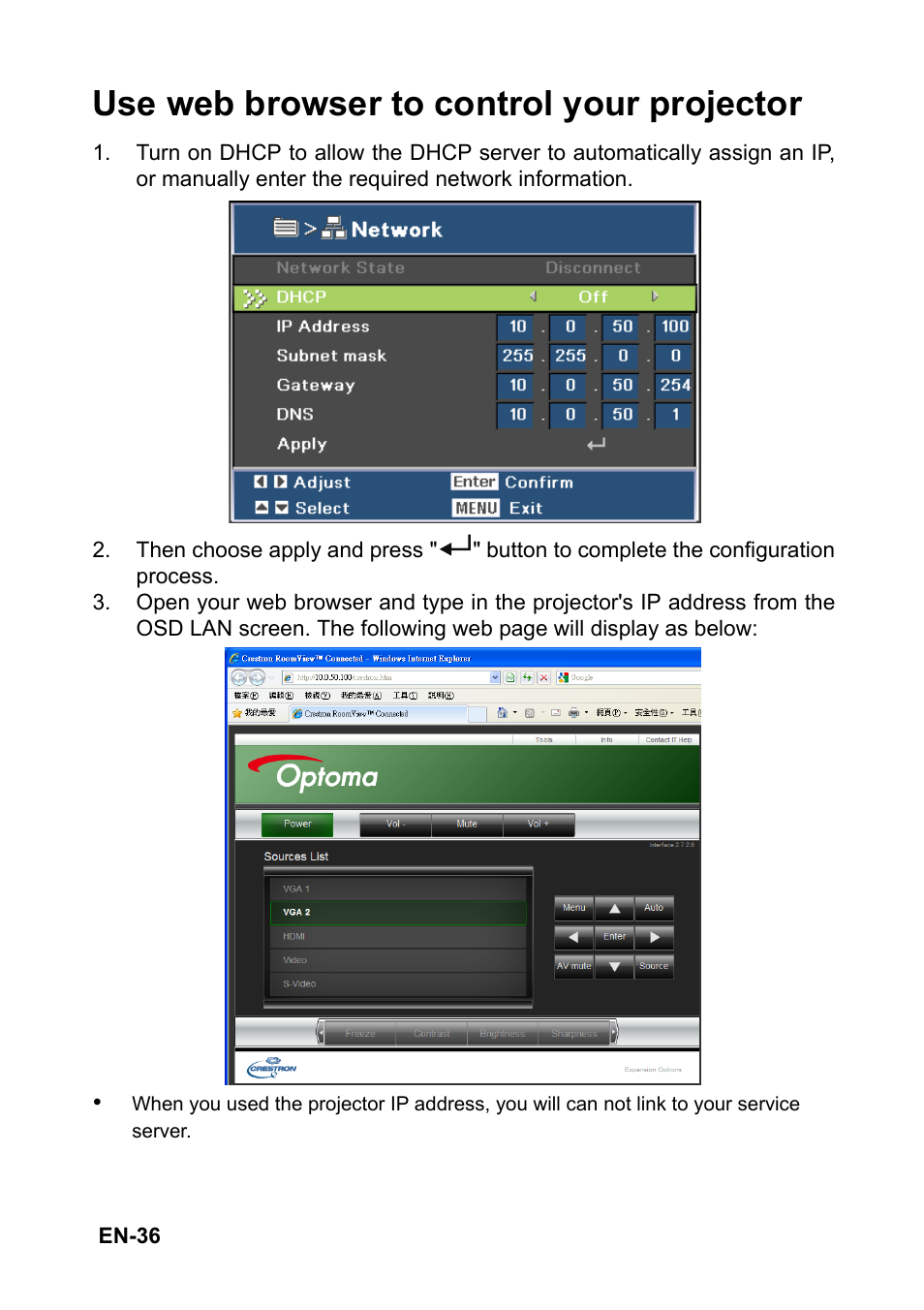Use web browser to control your projector | Optoma FX5200 User Manual | Page 36 / 59