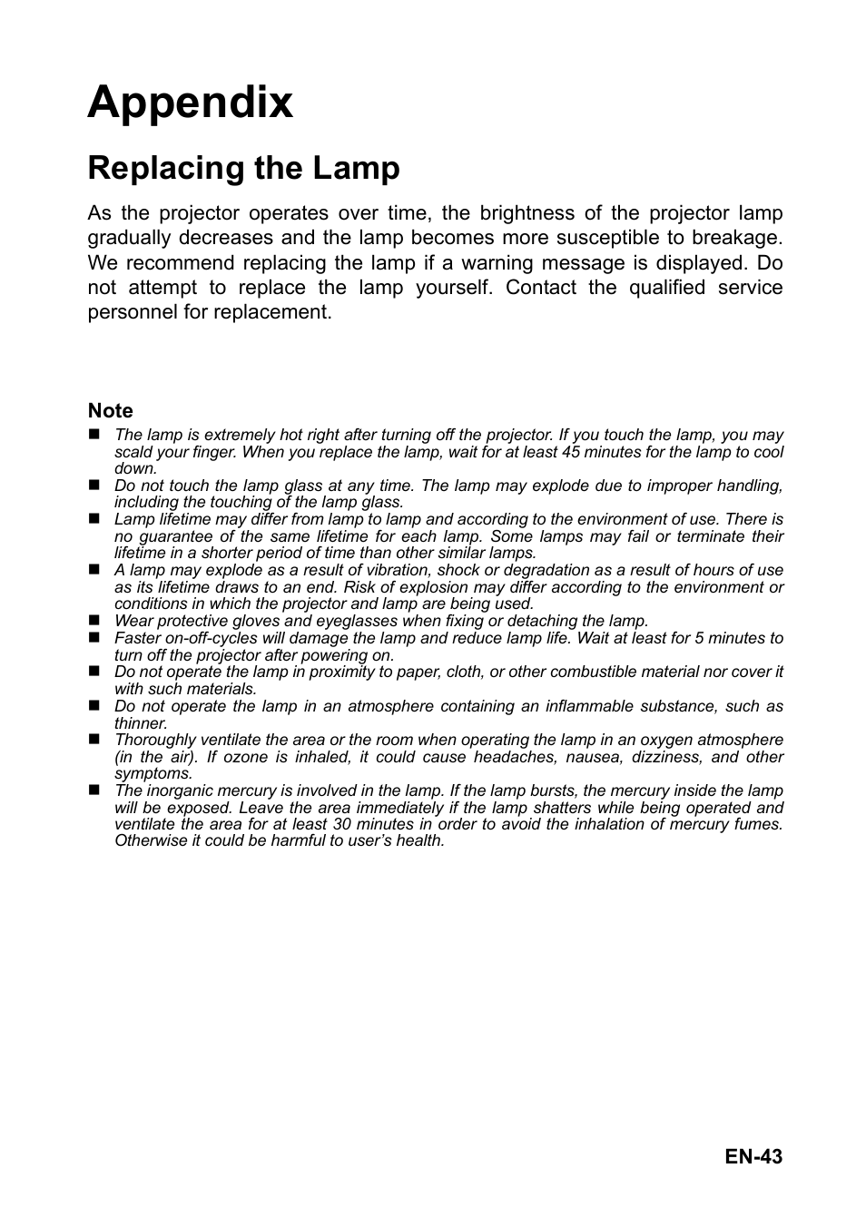 Appendix, Replacing the lamp | Optoma FX5200 User Manual | Page 43 / 59