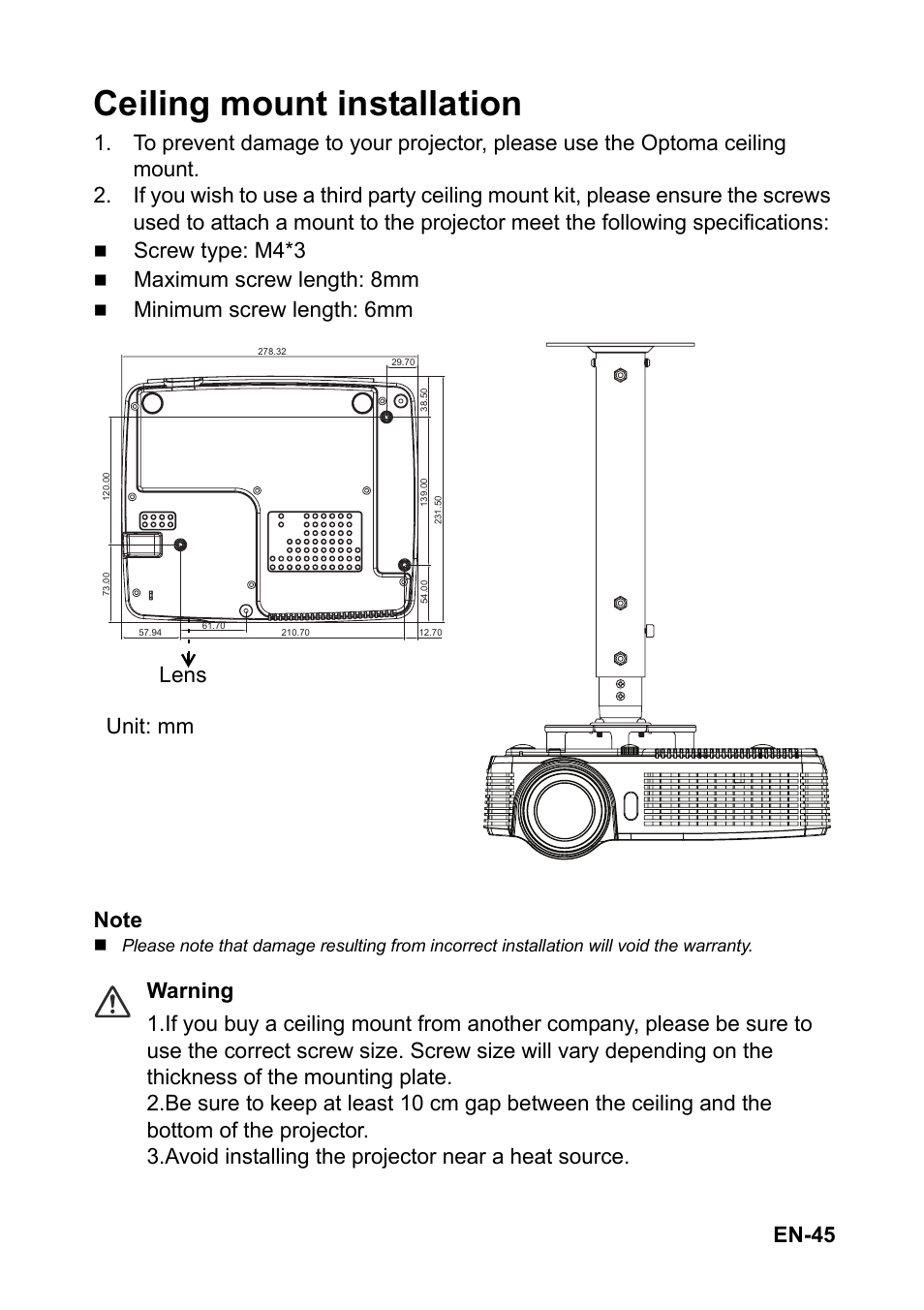 Ceiling mount installation, En-45, Screw type: m4*3 | Maximum screw length: 8mm, Unit: mm lens | Optoma FX5200 User Manual | Page 45 / 59