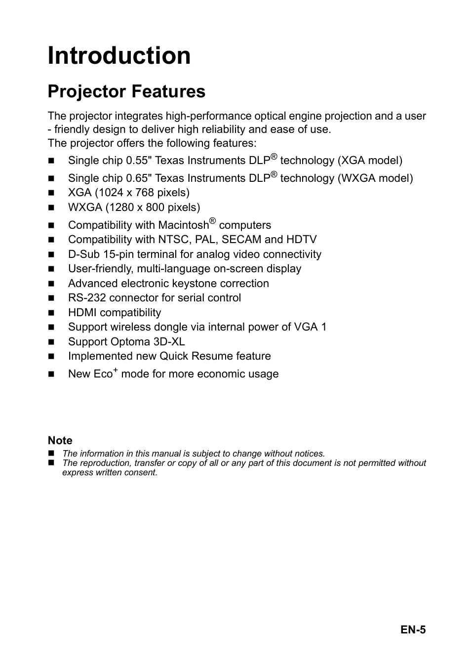 Introduction, Projector features | Optoma FX5200 User Manual | Page 5 / 59