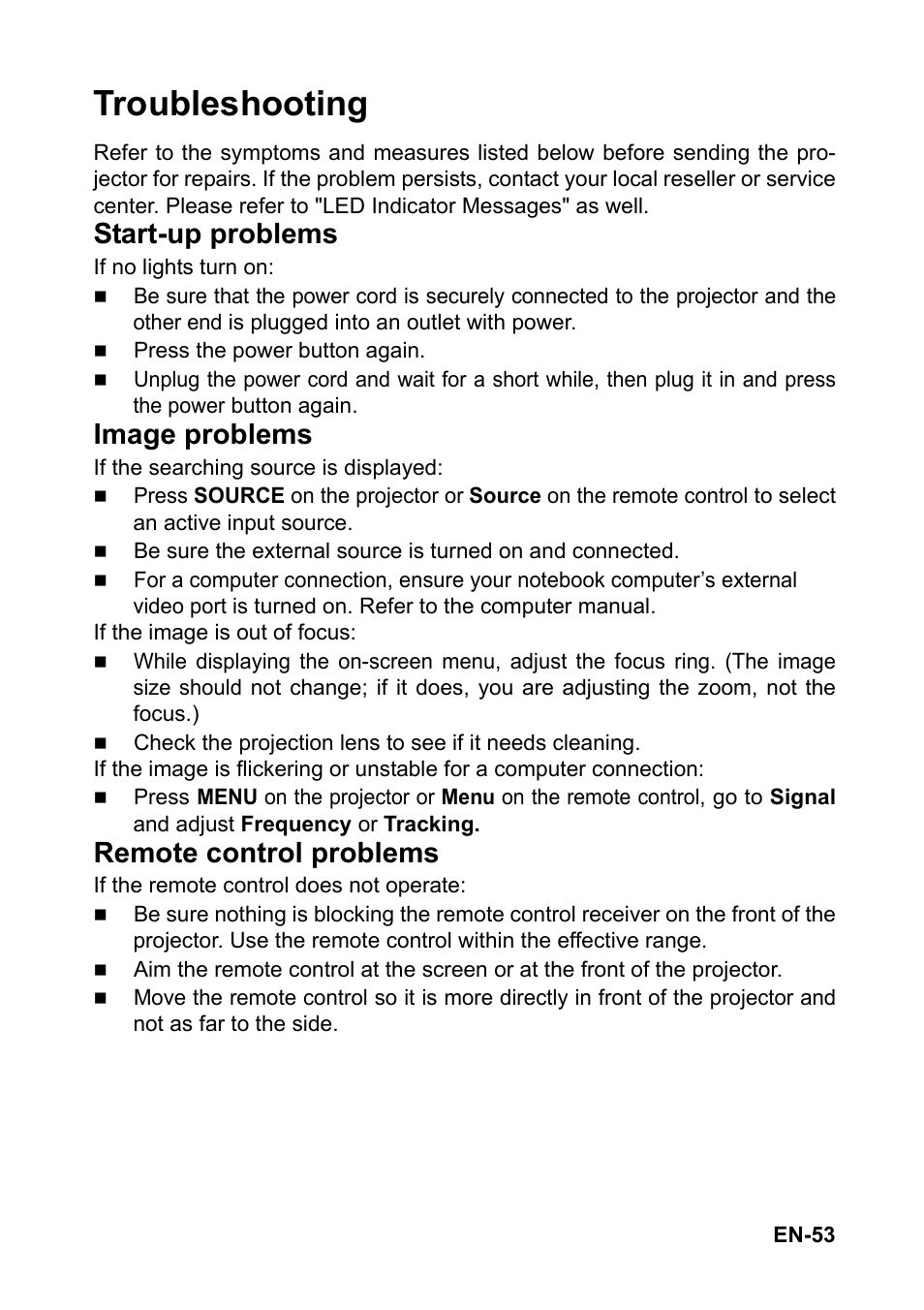Troubleshooting, Start-up problems, Image problems | Remote control problems | Optoma FX5200 User Manual | Page 53 / 59