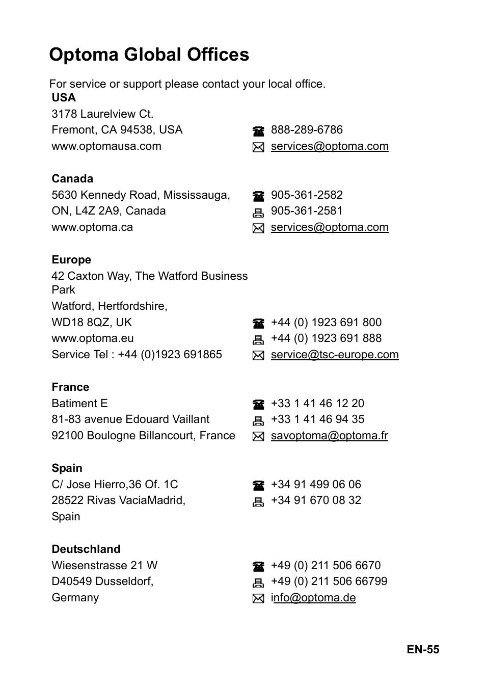 Optoma global offices | Optoma FX5200 User Manual | Page 55 / 59