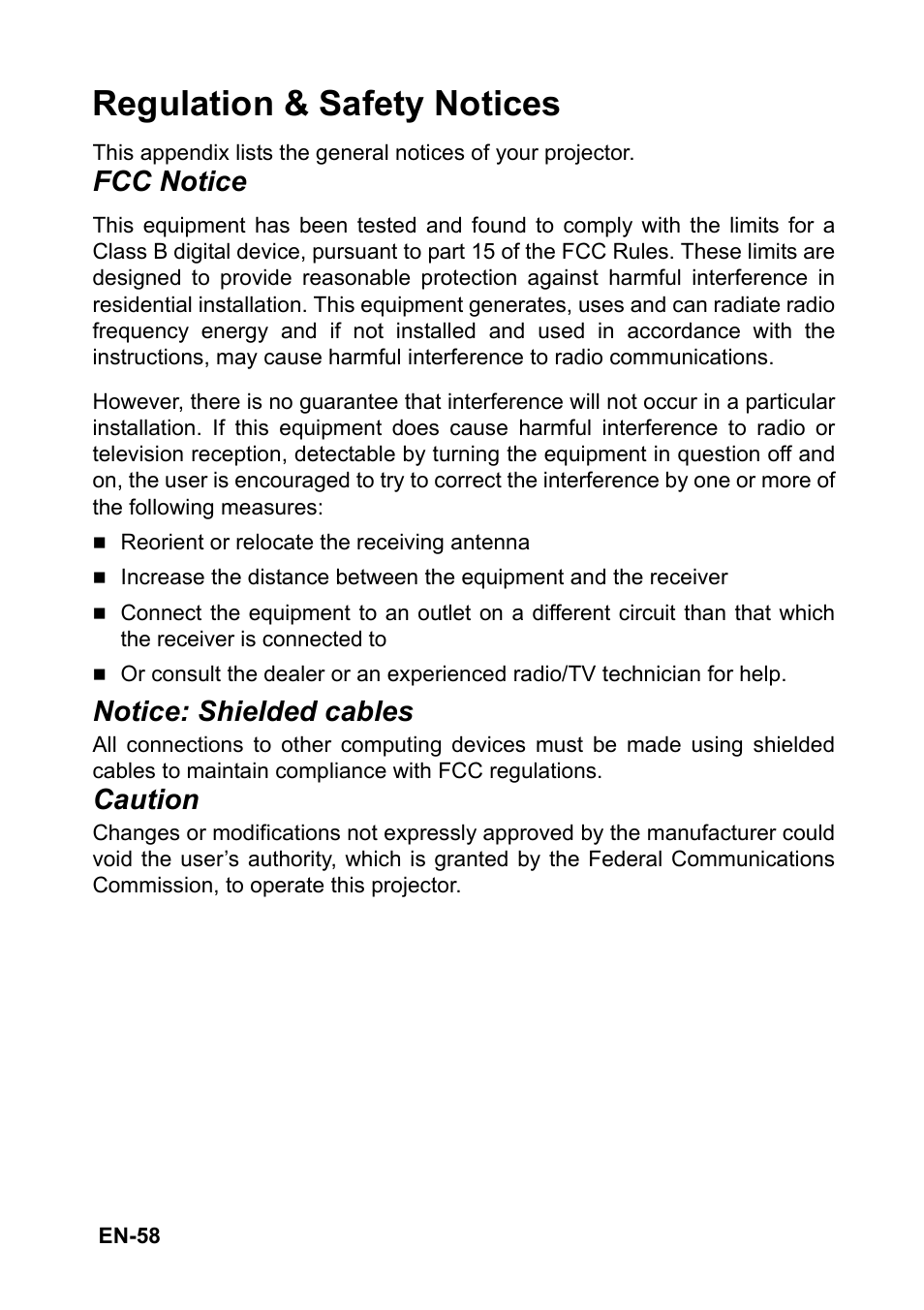 Regulation & safety notices, Fcc notice, Notice: shielded cables | Caution | Optoma FX5200 User Manual | Page 58 / 59