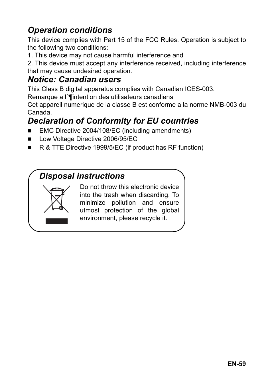 Operation conditions, Notice: canadian users, Declaration of conformity for eu countries | Disposal instructions | Optoma FX5200 User Manual | Page 59 / 59