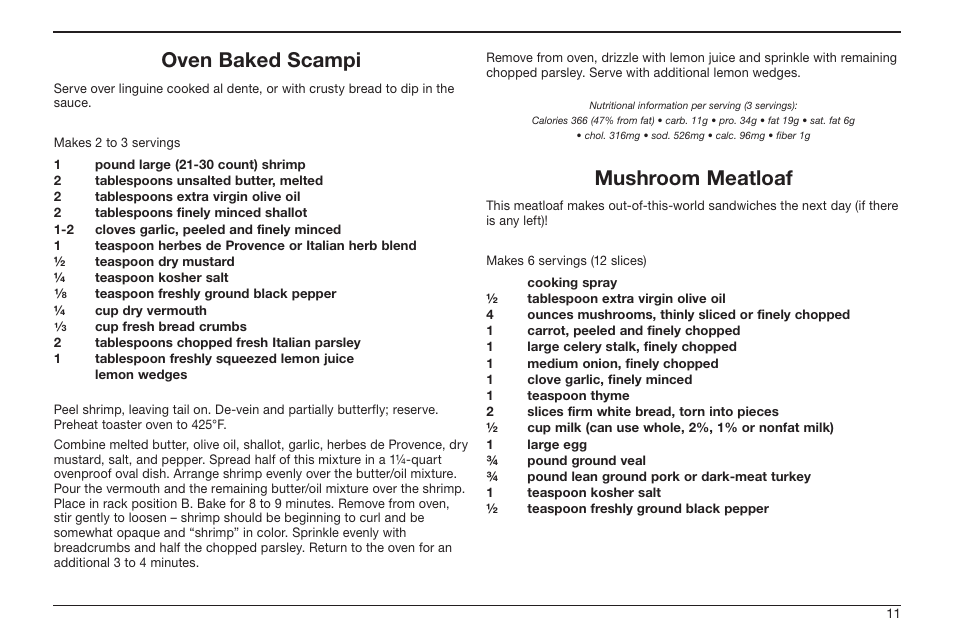 Oven baked scampi, Mushroom meatloaf | Cuisinart TOB-50BC User Manual | Page 11 / 25