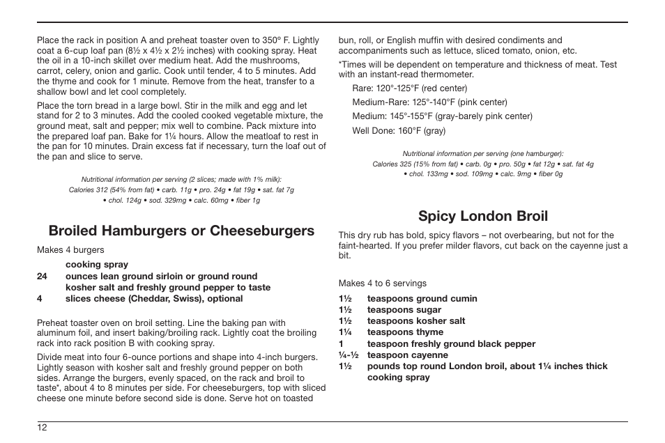 Broiled hamburgers or cheeseburgers, Spicy london broil | Cuisinart TOB-50BC User Manual | Page 12 / 25