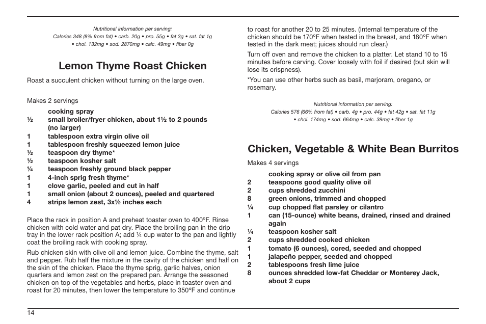 Lemon thyme roast chicken, Chicken, vegetable & white bean burritos | Cuisinart TOB-50BC User Manual | Page 14 / 25