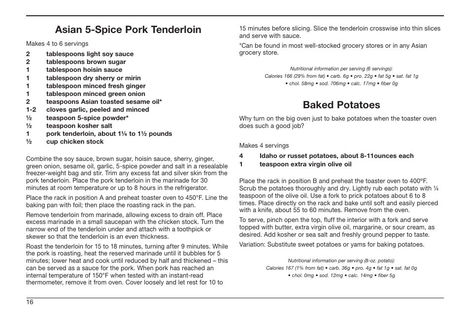 Asian 5-spice pork tenderloin, Baked potatoes | Cuisinart TOB-50BC User Manual | Page 16 / 25