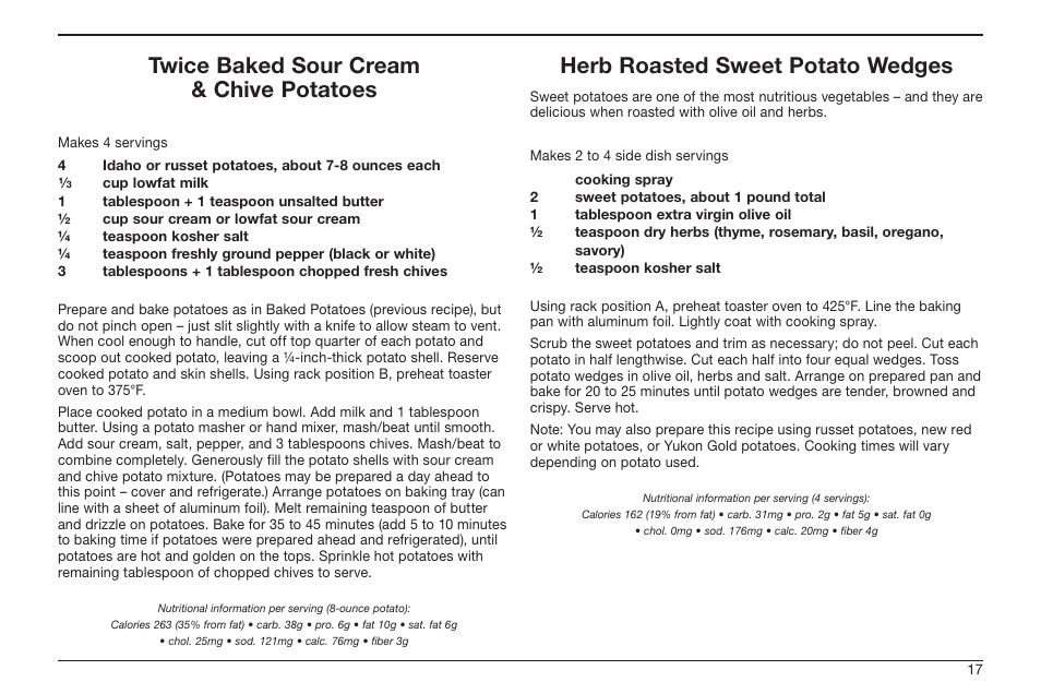 Twice baked sour cream & chive potatoes, Herb roasted sweet potato wedges | Cuisinart TOB-50BC User Manual | Page 17 / 25