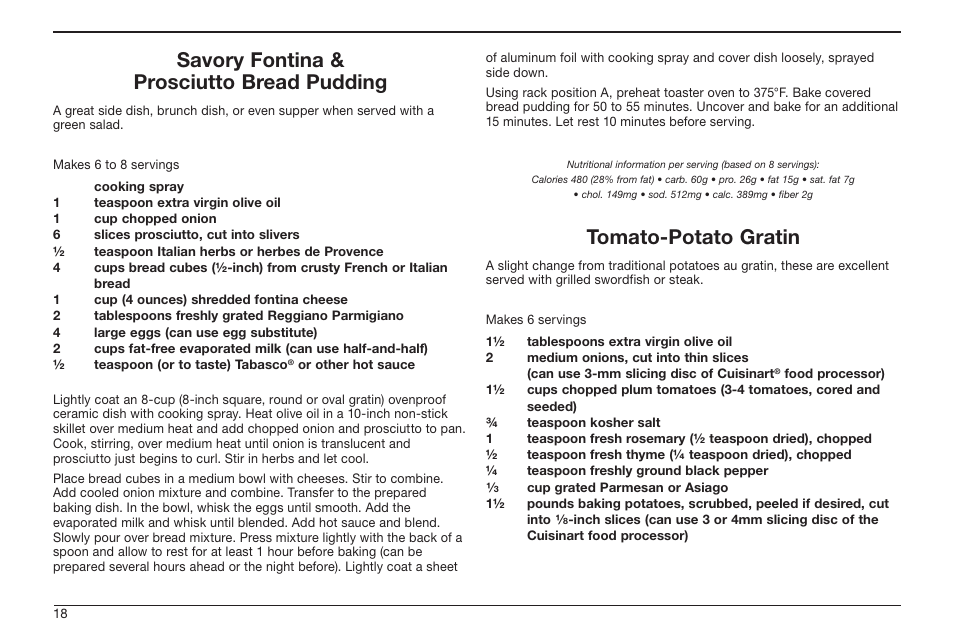 Savory fontina & prosciutto bread pudding, Tomato-potato gratin | Cuisinart TOB-50BC User Manual | Page 18 / 25