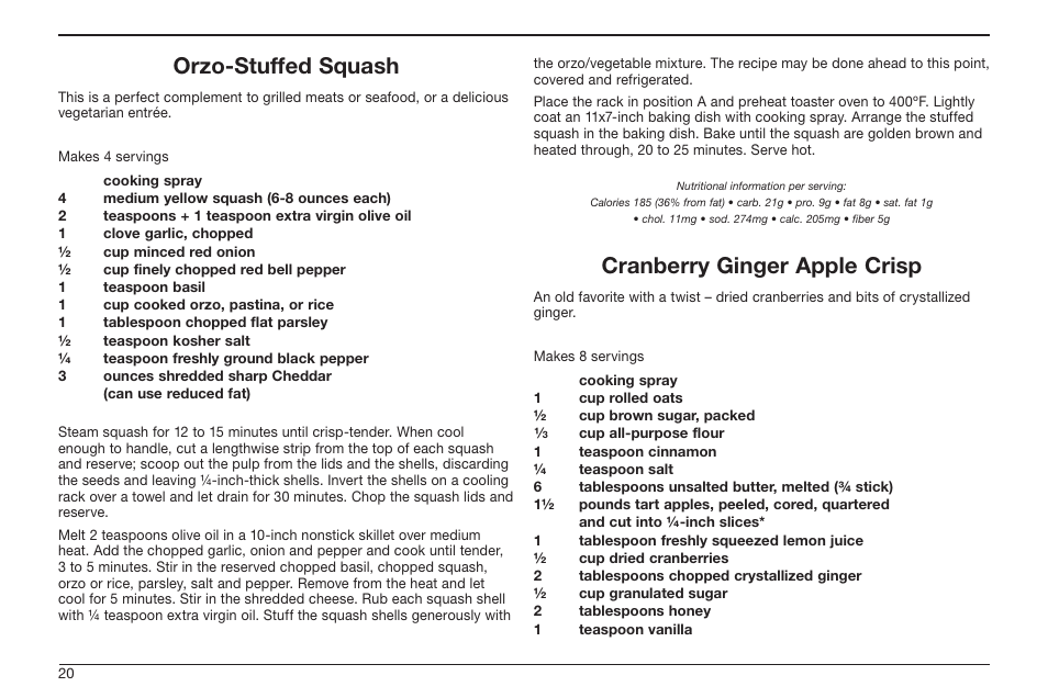 Orzo-stuffed squash, Cranberry ginger apple crisp | Cuisinart TOB-50BC User Manual | Page 20 / 25