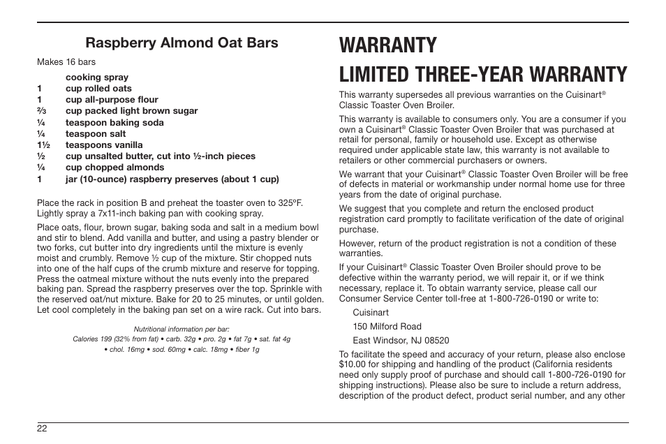 Warranty limited three-year warranty, Raspberry almond oat bars | Cuisinart TOB-50BC User Manual | Page 22 / 25