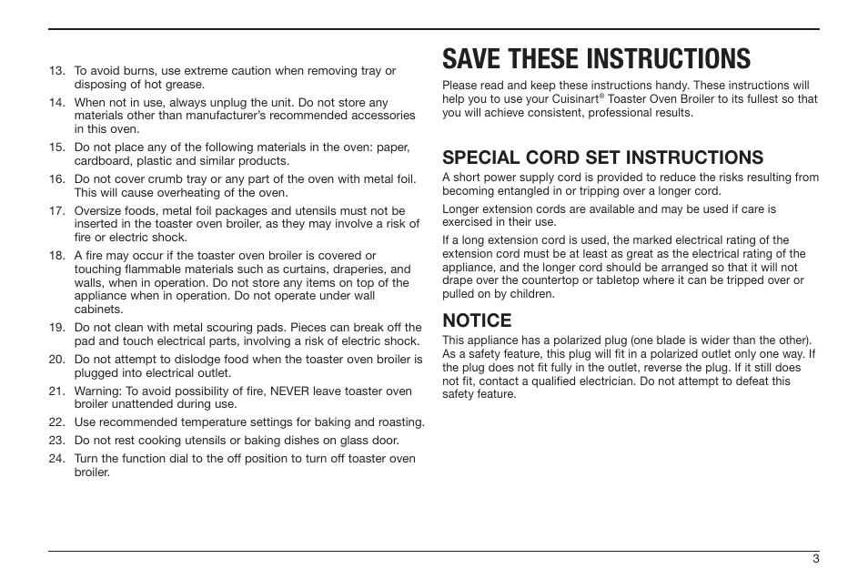 Save these instructions, Special cord set instructions, Notice | Cuisinart TOB-50BC User Manual | Page 3 / 25