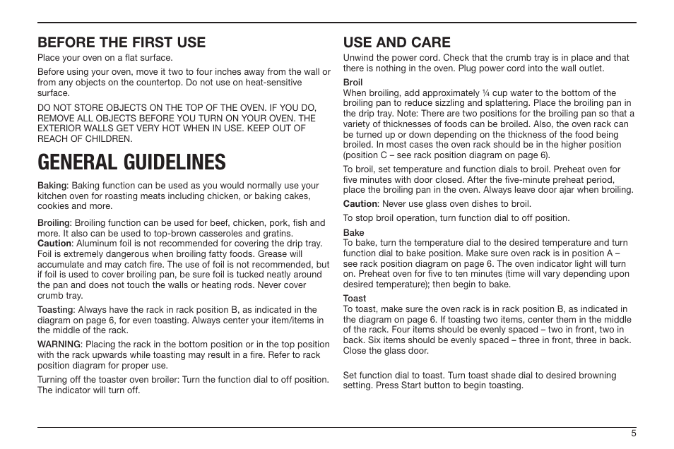 General guidelines, Before the first use, Use and care | Cuisinart TOB-50BC User Manual | Page 5 / 25