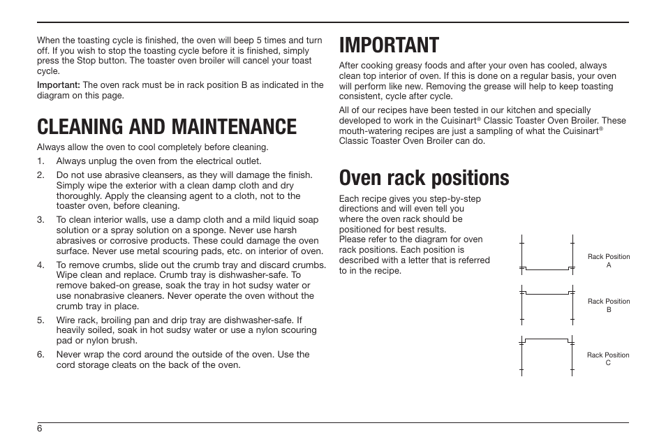 Cleaning and maintenance, Important, Oven rack positions | Cuisinart TOB-50BC User Manual | Page 6 / 25