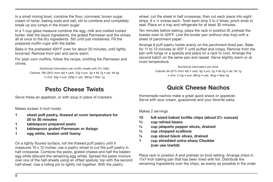 Pesto cheese twists, Quick cheese nachos | Cuisinart TOB-50BC User Manual | Page 8 / 25