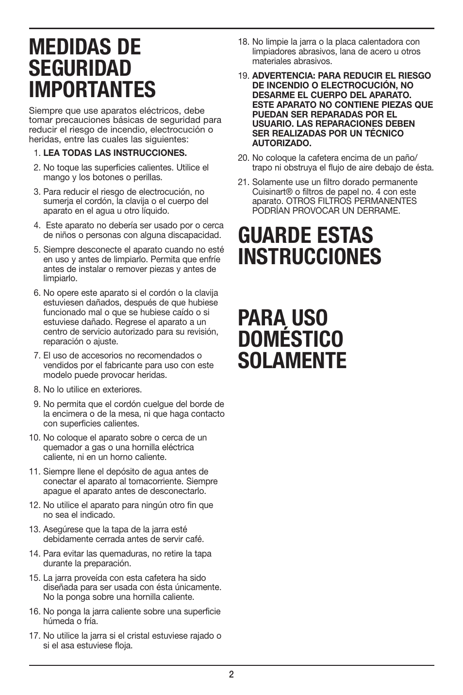 Medidas de seguridad importantes | Cuisinart Coffee PLUS 12-Cup Programmable Coffeemaker & Hot Water System CHW-12 User Manual | Page 14 / 24