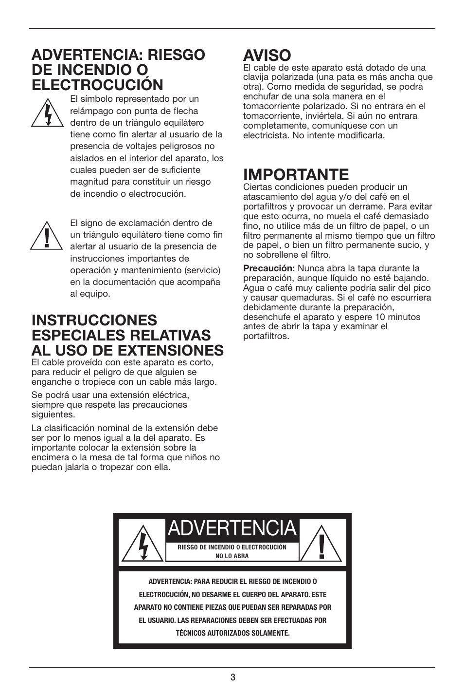 Advertencia, Aviso, Importante | Advertencia: riesgo de incendio o electrocución | Cuisinart Coffee PLUS 12-Cup Programmable Coffeemaker & Hot Water System CHW-12 User Manual | Page 15 / 24