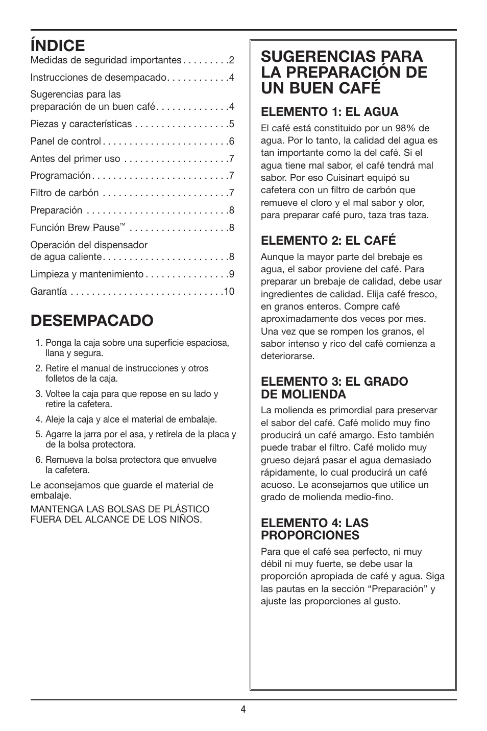 Índice, Desempacado, Sugerencias para la preparación de un buen café | Cuisinart Coffee PLUS 12-Cup Programmable Coffeemaker & Hot Water System CHW-12 User Manual | Page 16 / 24