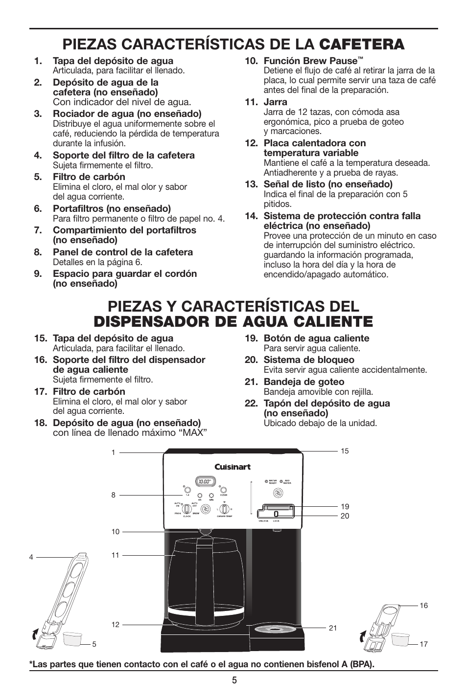 Piezas características de la cafetera | Cuisinart Coffee PLUS 12-Cup Programmable Coffeemaker & Hot Water System CHW-12 User Manual | Page 17 / 24