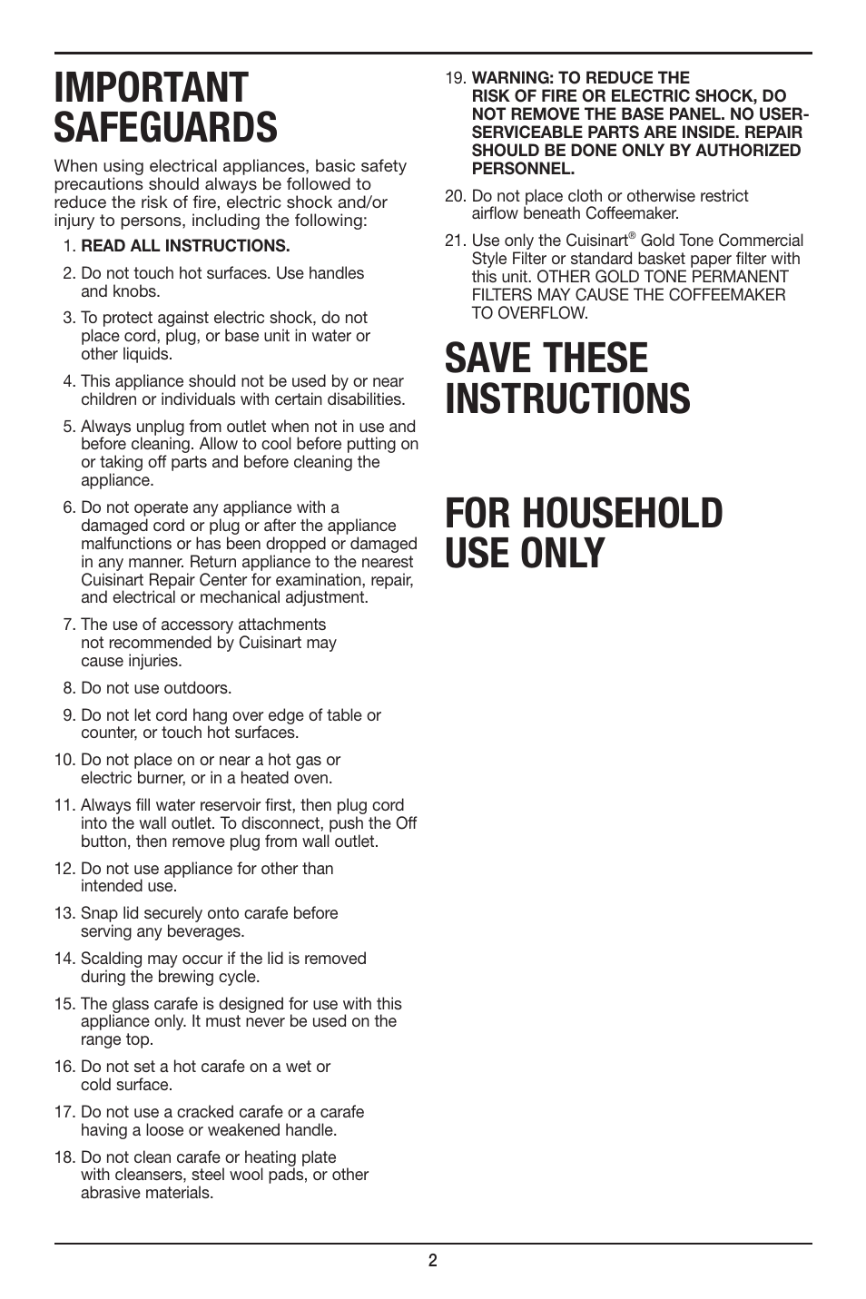 Important safeguards, Save these instructions for household use only | Cuisinart Coffee PLUS 12-Cup Programmable Coffeemaker & Hot Water System CHW-12 User Manual | Page 2 / 24