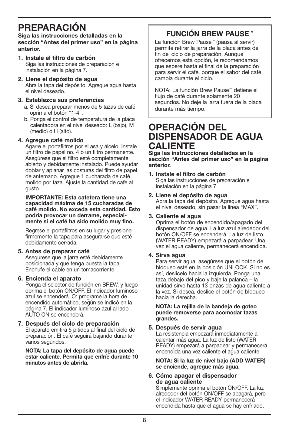 Preparación, Operación del dispensador de agua caliente, Función brew pause | Cuisinart Coffee PLUS 12-Cup Programmable Coffeemaker & Hot Water System CHW-12 User Manual | Page 20 / 24