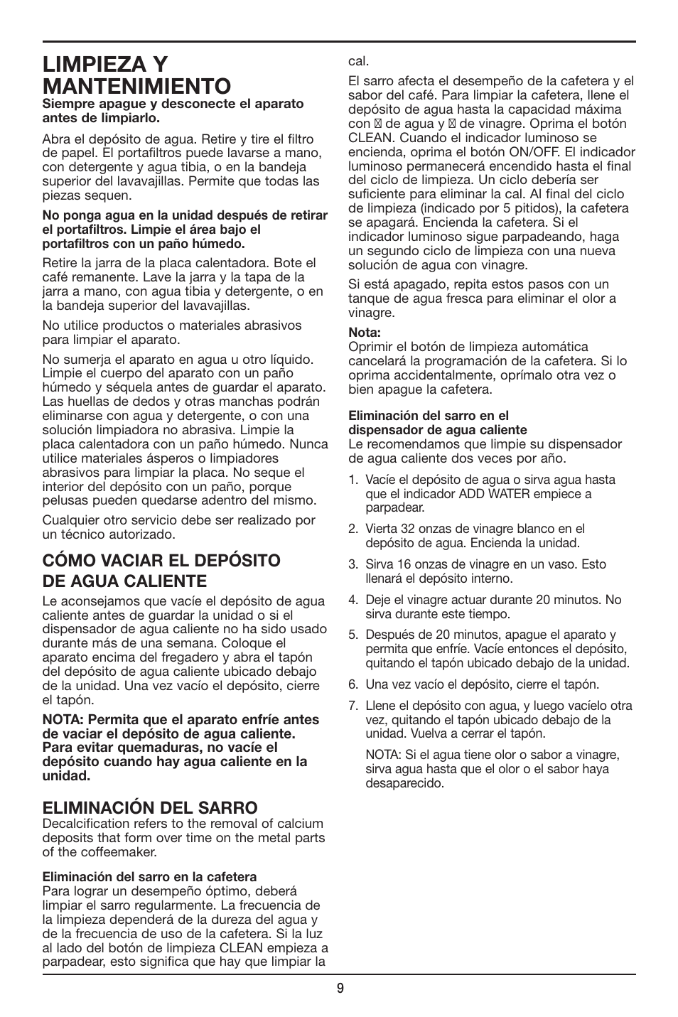 Limpieza y mantenimiento, Cómo vaciar el depósito de agua caliente, Eliminación del sarro | Cuisinart Coffee PLUS 12-Cup Programmable Coffeemaker & Hot Water System CHW-12 User Manual | Page 21 / 24