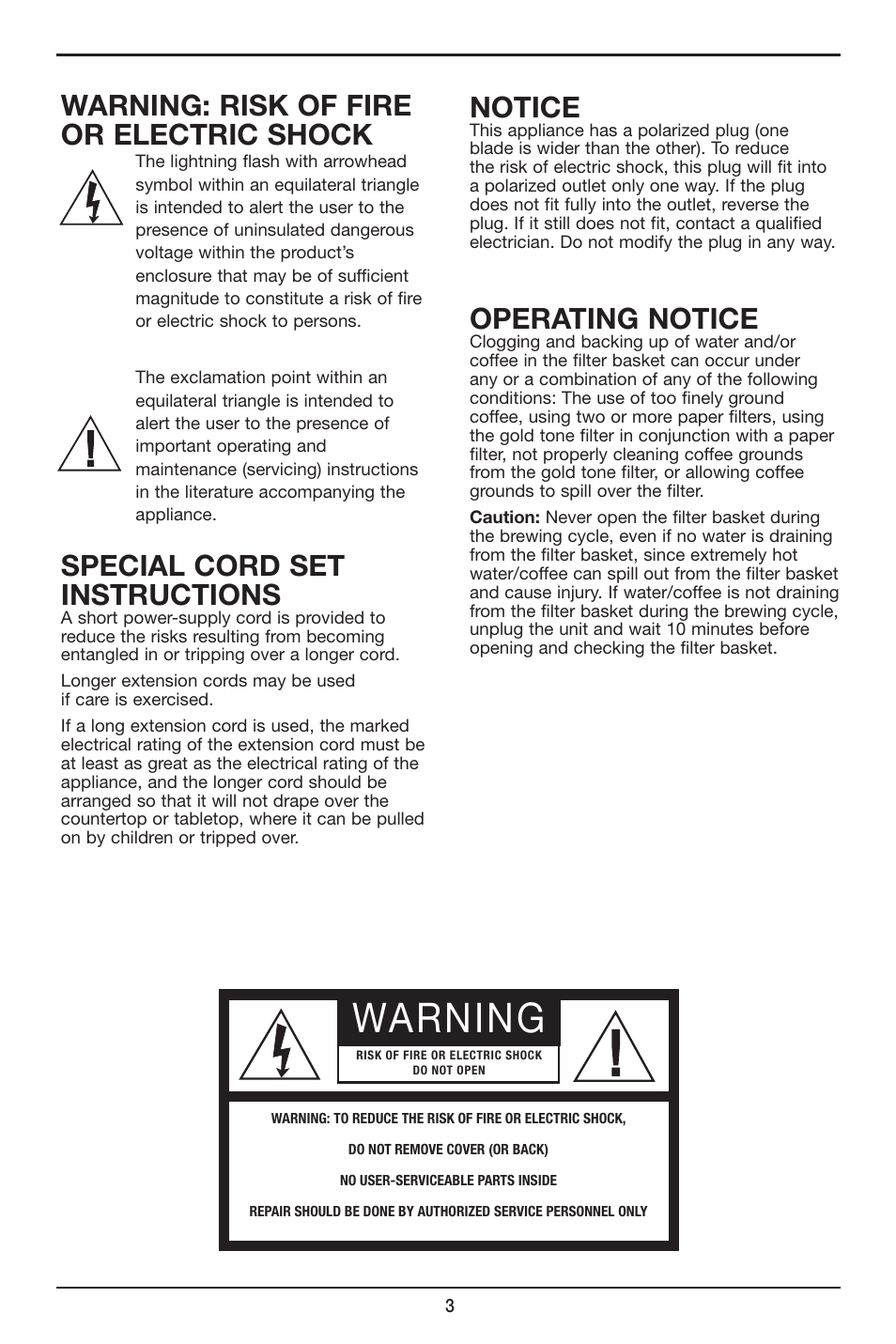 Warning, Warning: risk of fire or electric shock, Special cord set instructions | Notice, Operating notice | Cuisinart Coffee PLUS 12-Cup Programmable Coffeemaker & Hot Water System CHW-12 User Manual | Page 3 / 24