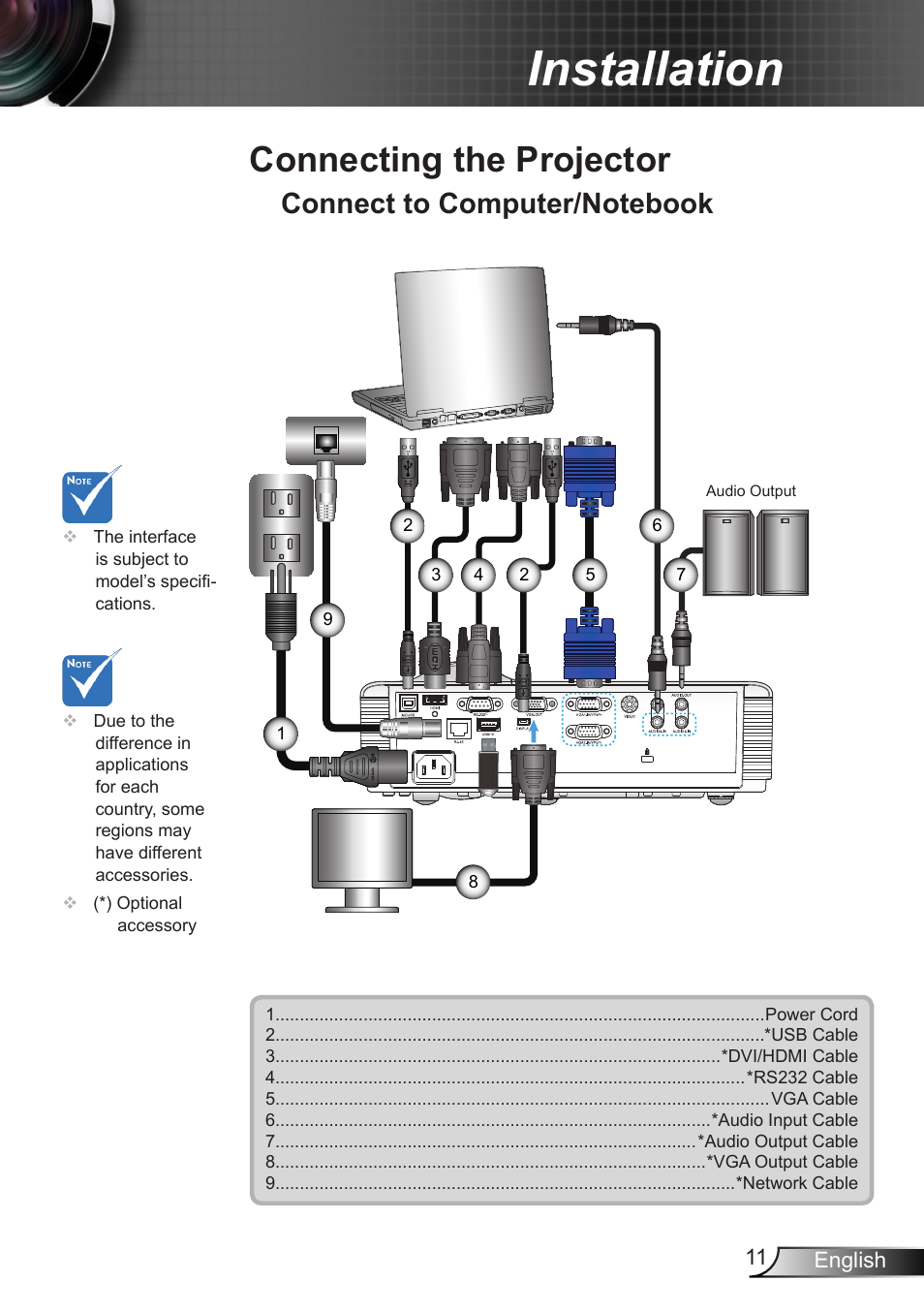 Installation, Connecting the projector, Connect to computer/notebook | 11 english | Optoma EX400 User Manual | Page 11 / 83
