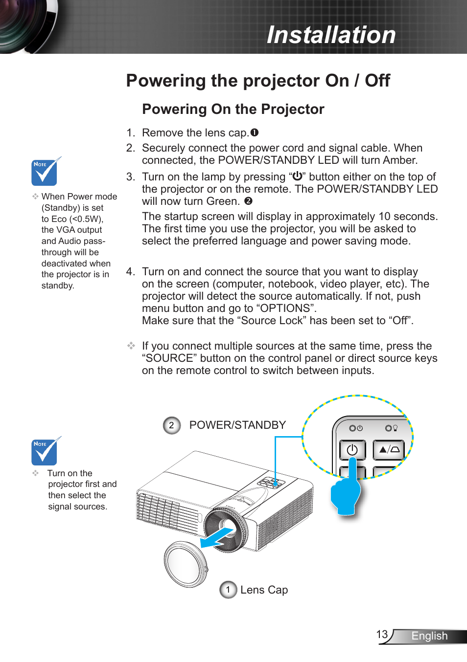 Powering the projector on / off, Powering on the projector, Installation | Optoma EX400 User Manual | Page 13 / 83