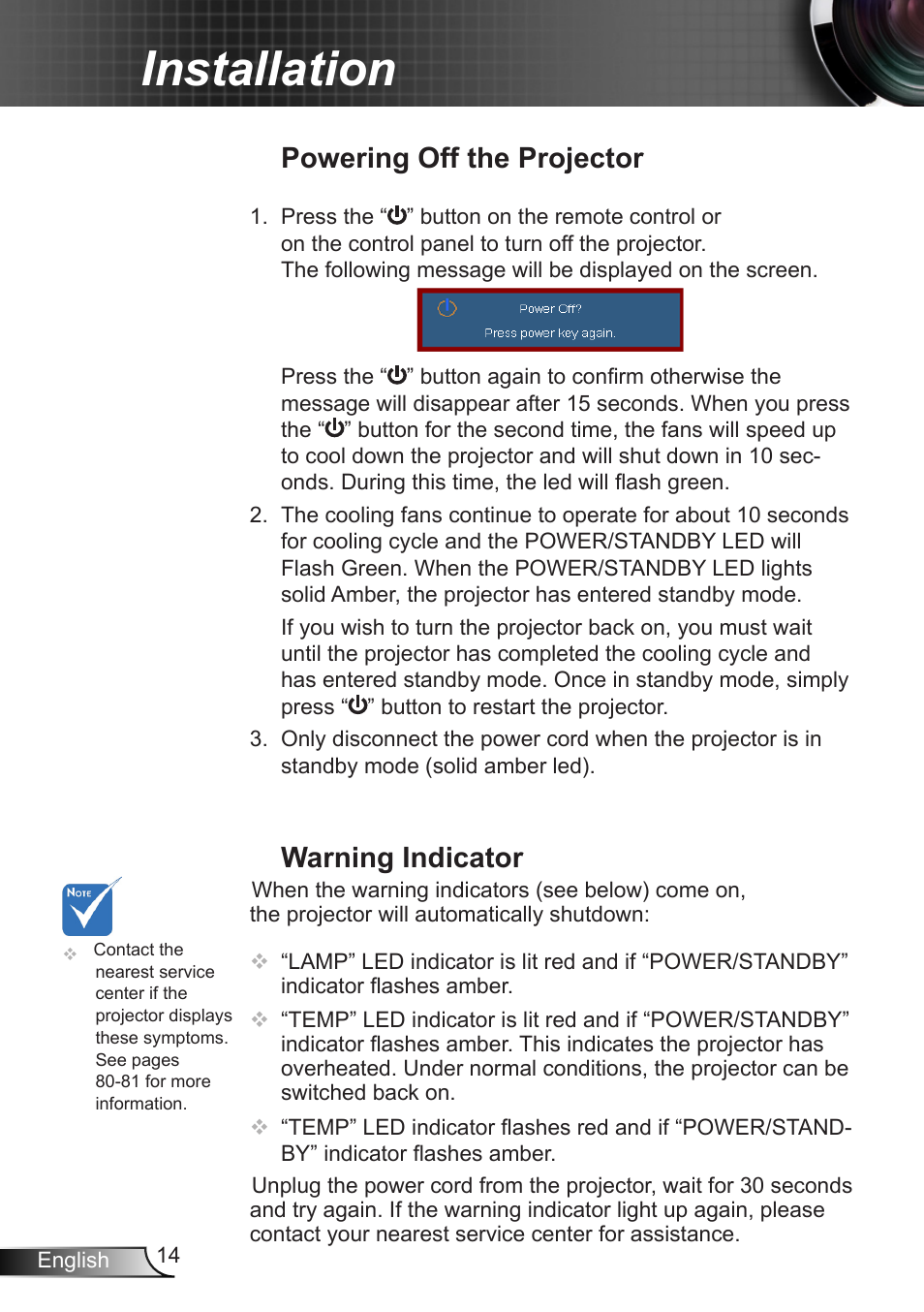 Powering off the projector, Warning indicator, Powering off the projector warning indicator | Installation | Optoma EX400 User Manual | Page 14 / 83