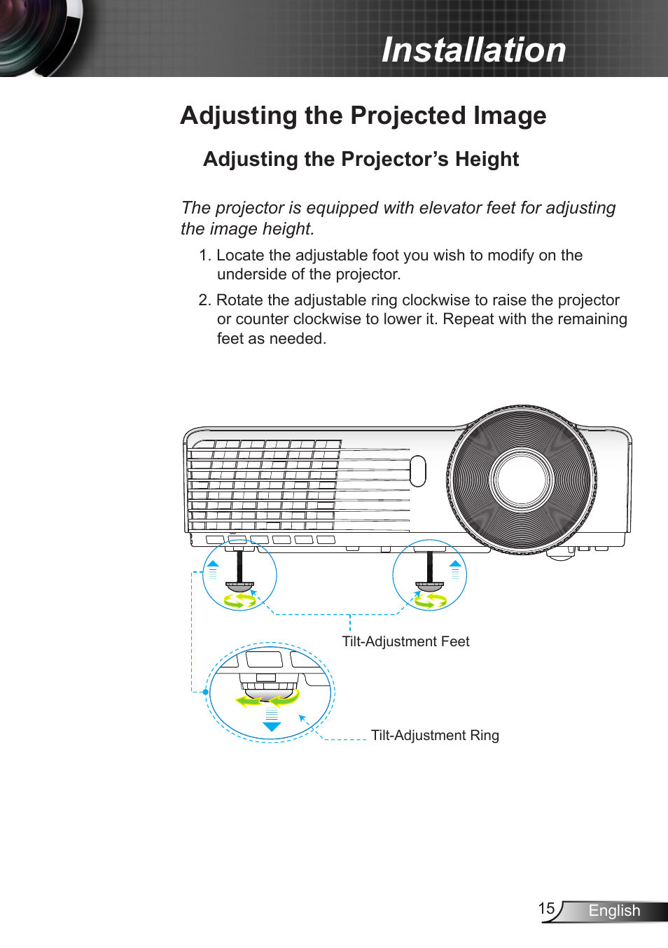 Adjusting the projected image, Adjusting the projector’s height, Installation | Optoma EX400 User Manual | Page 15 / 83