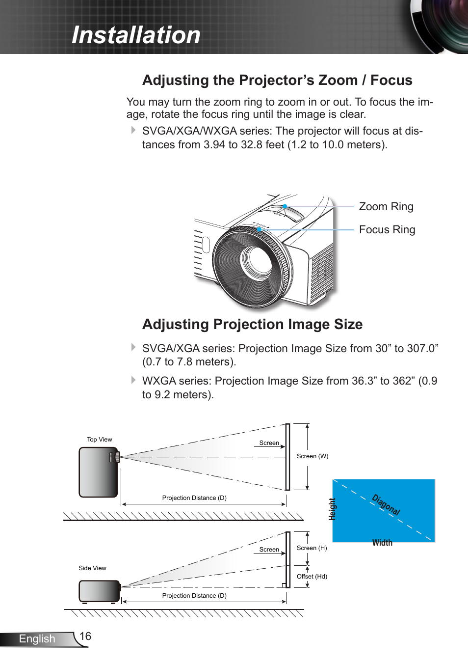 Adjusting the projector’s zoom / focus, Adjusting projection image size, Adjusting the projector’s zoom | Focus adjusting projection image size, Installation | Optoma EX400 User Manual | Page 16 / 83