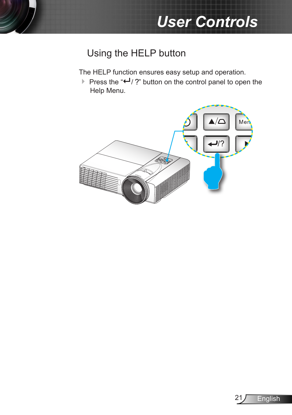 User controls, Using the help button | Optoma EX400 User Manual | Page 21 / 83