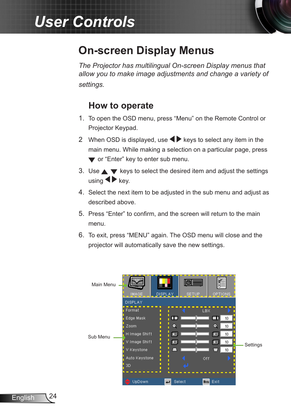 On-screen display menus, How to operate, User controls | Optoma EX400 User Manual | Page 24 / 83